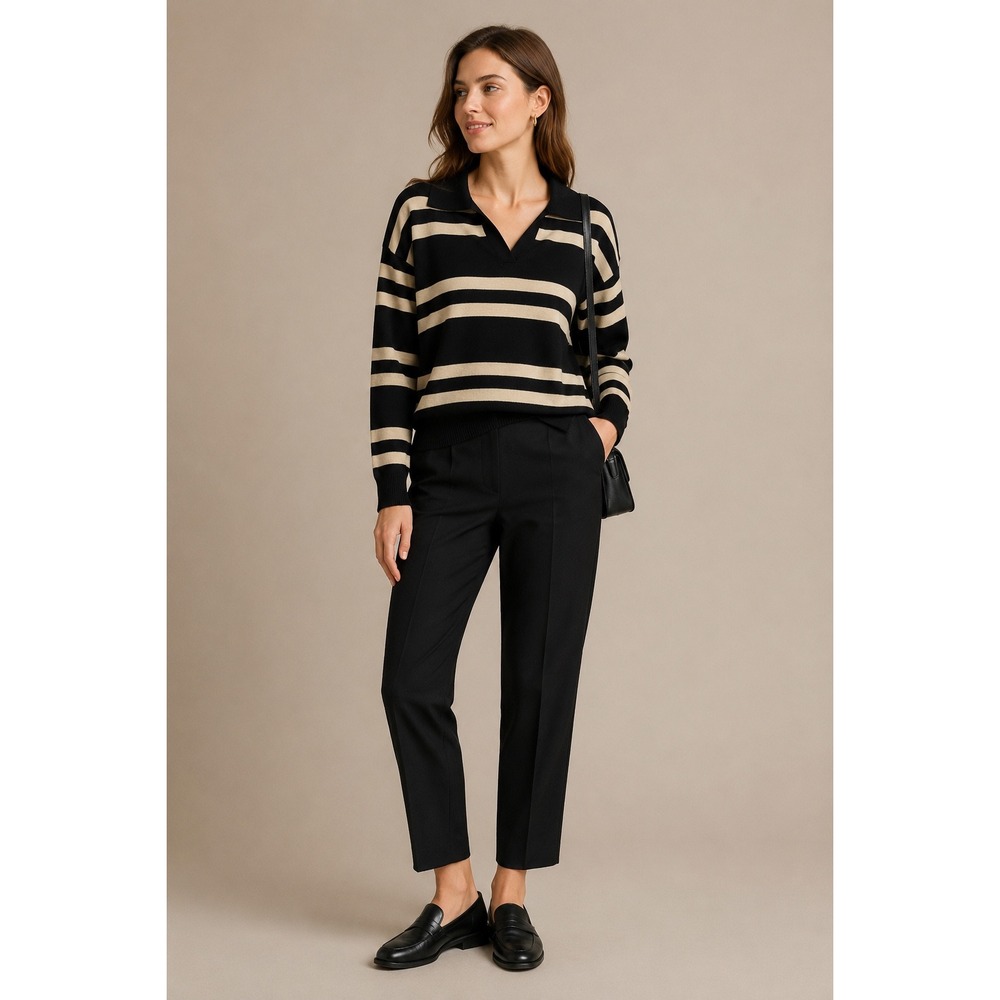 T Tahari Striped Collared Sweater Women Large Black Beige V-Neck Knit Size L